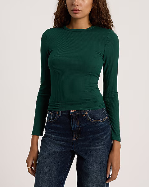 Fitted Ribbed Crew Neck Long Sleeve Tee | Express