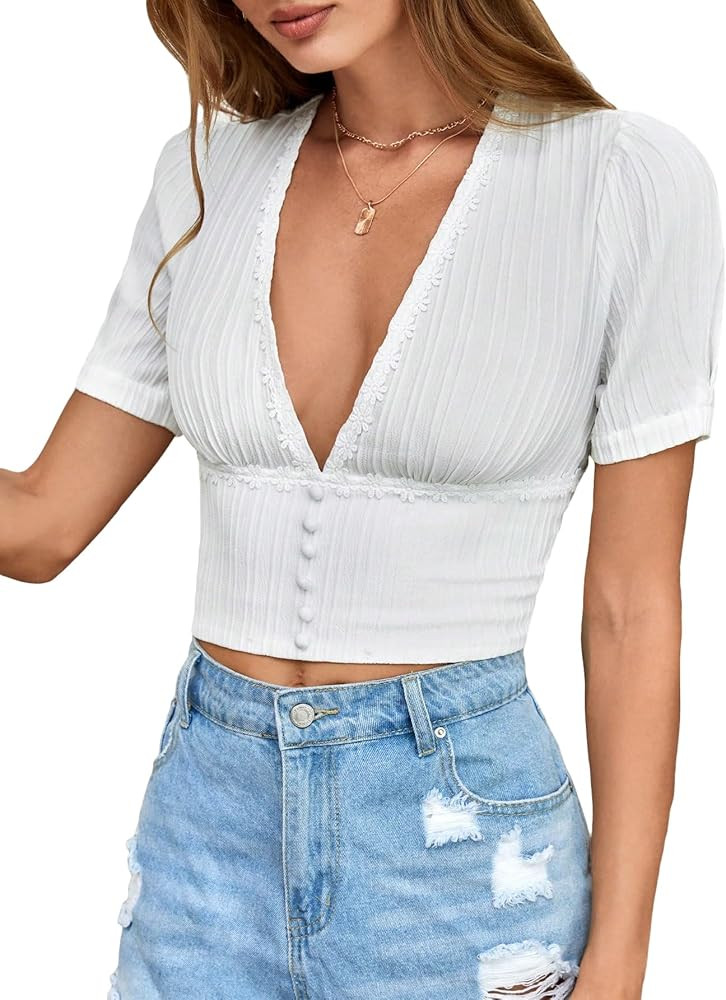 Verdusa Women's Button Front Deep V Neck Crop Blouse Summer Shirred Top | Amazon (US)