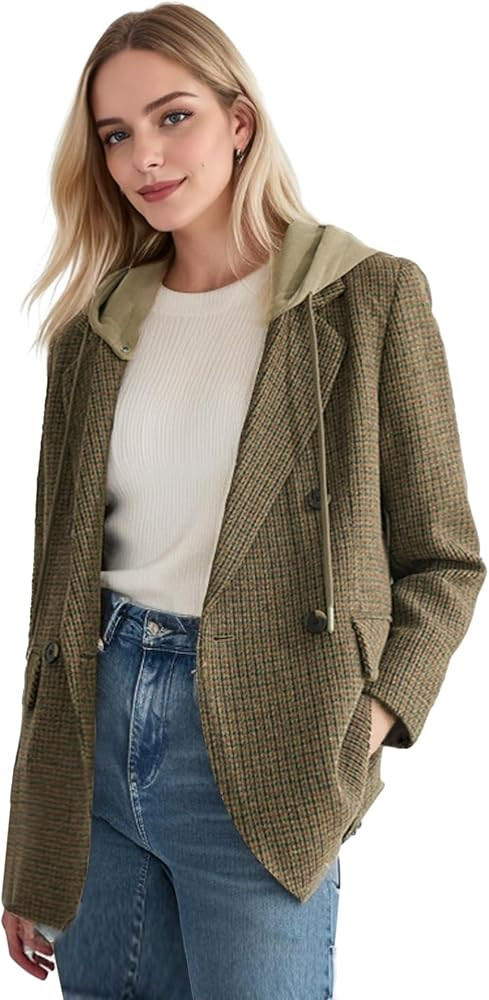 Mina Self 2025 Women's Fall Hooded Blazer Jacket - Double-Breasted Oversize Loose Fully-Lined Wor... | Amazon (US)