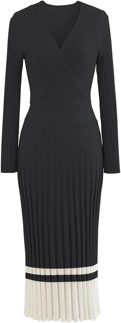 CHICWISH Women's Lilac/Black/Camel/Baby Blue V-Neck Soft Knit Contrast Hem Wrap Midi Dress | Amazon (US)