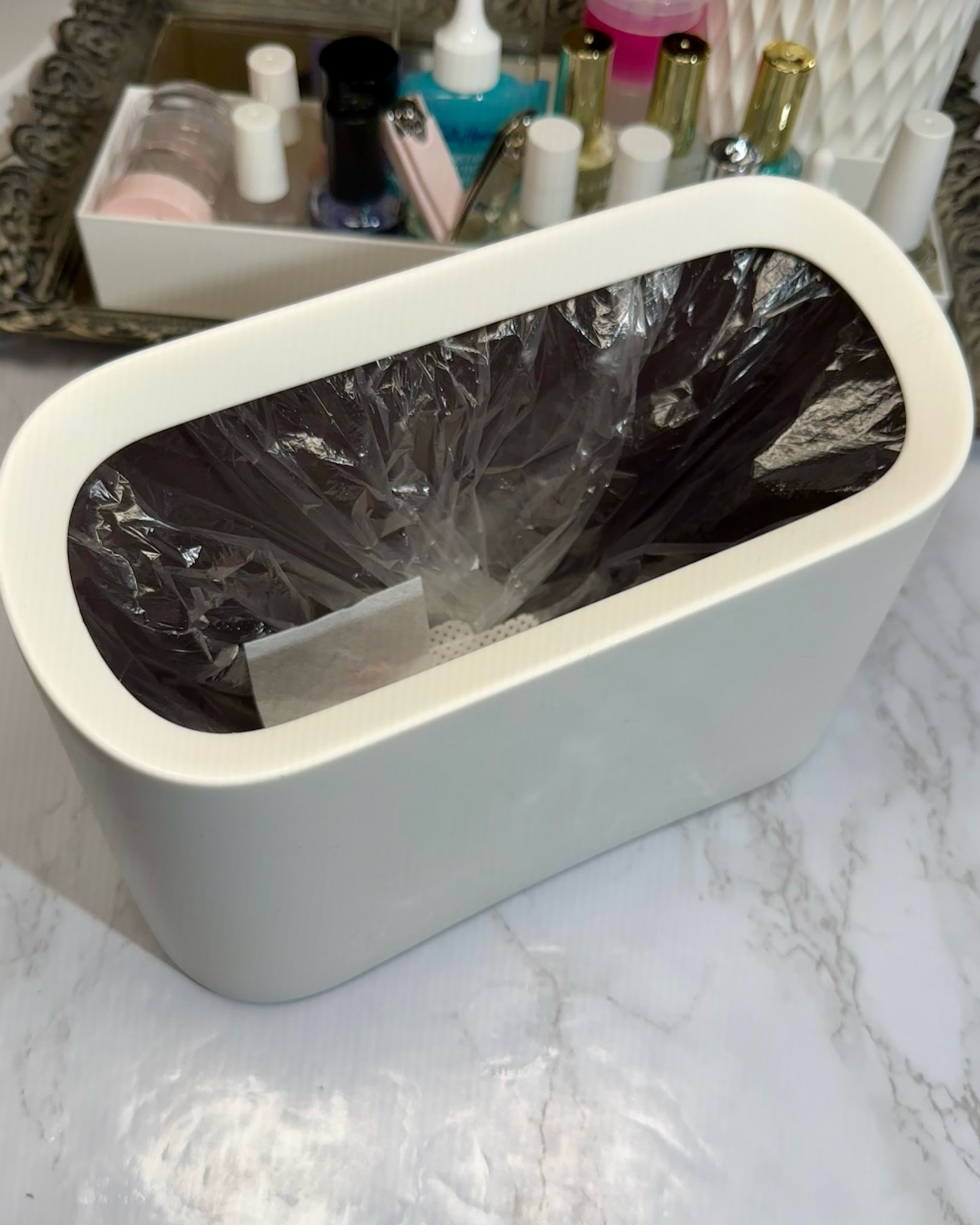 This mini desktop trash can is so handy to have near when I’m working on nails for tossing lint free wipes, etc into. It’s the little things! ☺️ 

#LTKBeauty #LTKFindsUnder50 #LTKHome