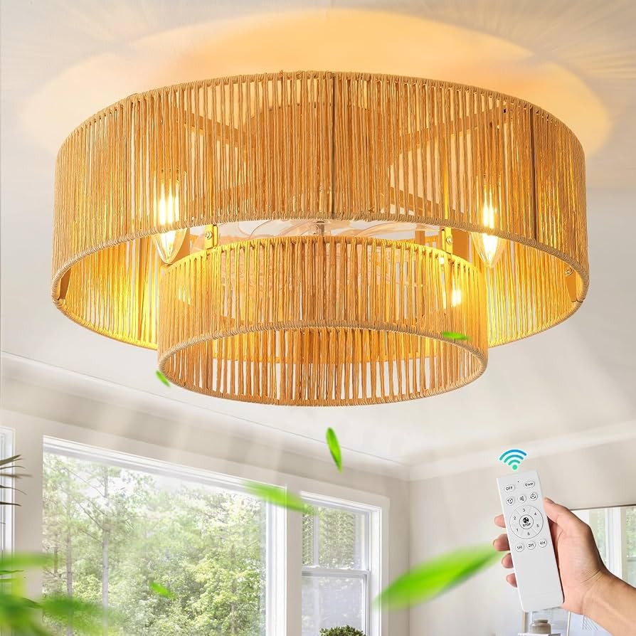 20 Inch Boho Caged Ceiling Fans with Lights Flush Mount, Boho Rattan Fandelier Ceiling Fan with L... | Amazon (US)