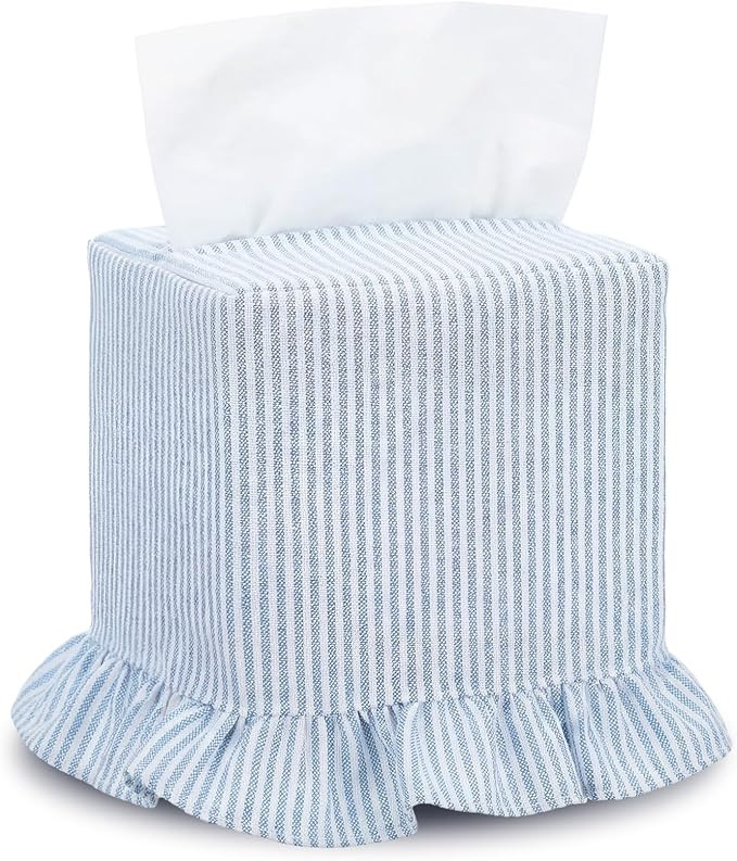 Sawysine Fabric Tissue Box Cover Blue White Stripe Coastal Square | 4.5 x 4.5 x 5.25 inch Ruffled... | Amazon (US)