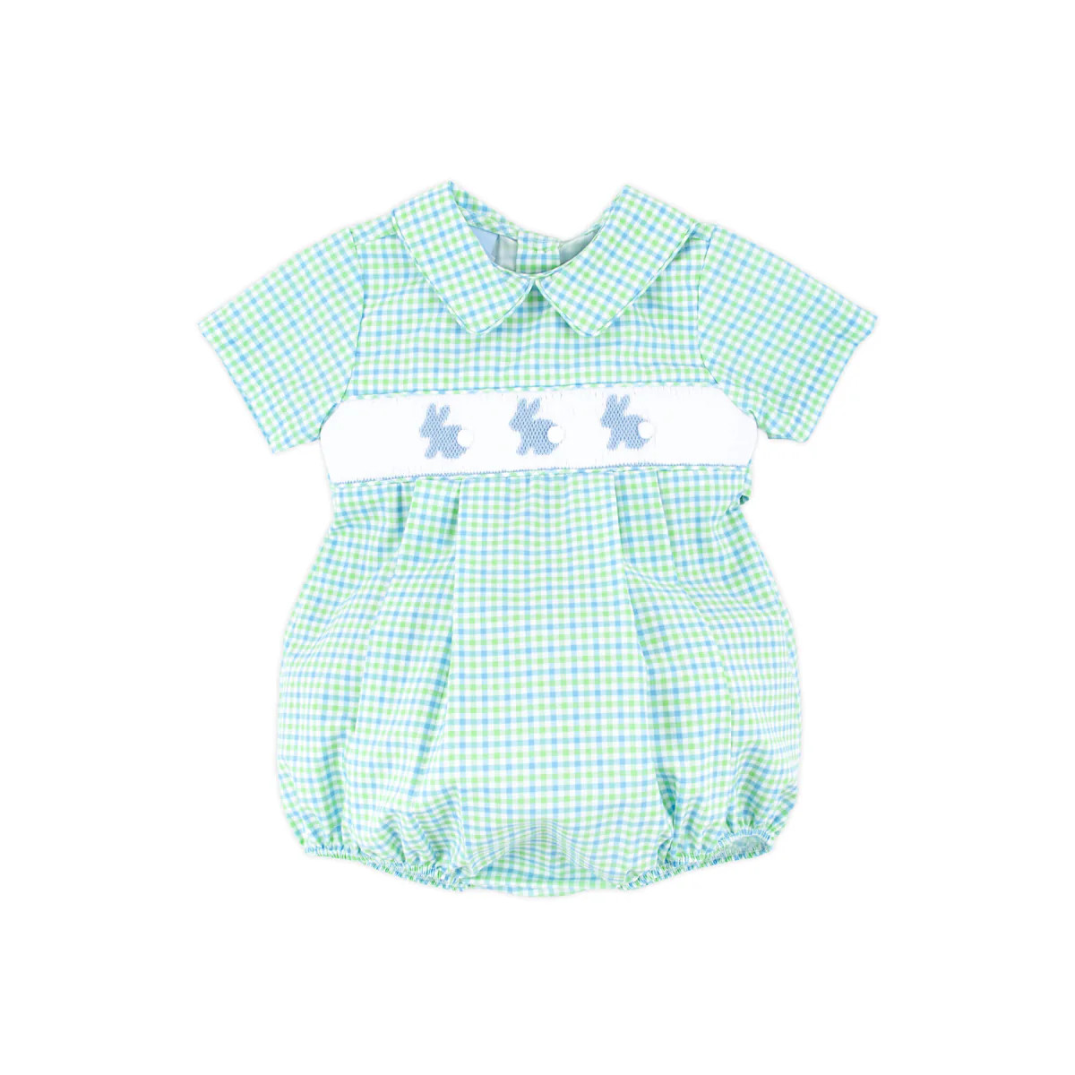 Easter Bunny Smocked Blue & Green Gingham Collared Bubble | Classic Whimsy