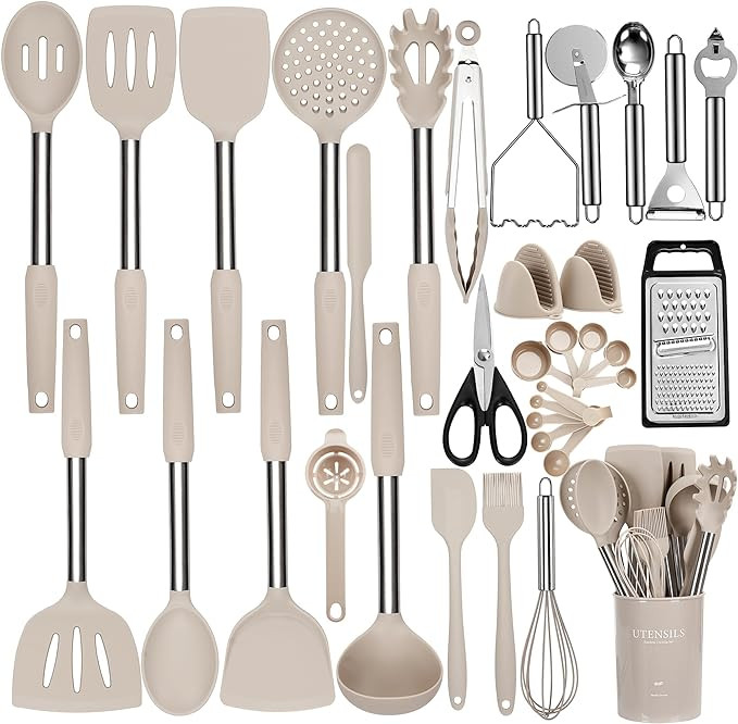 Silicone Cooking Utensils Set, 35 Pcs Kitchen Utensils Set with Holder, with Stainless Steel Hand... | Amazon (US)
