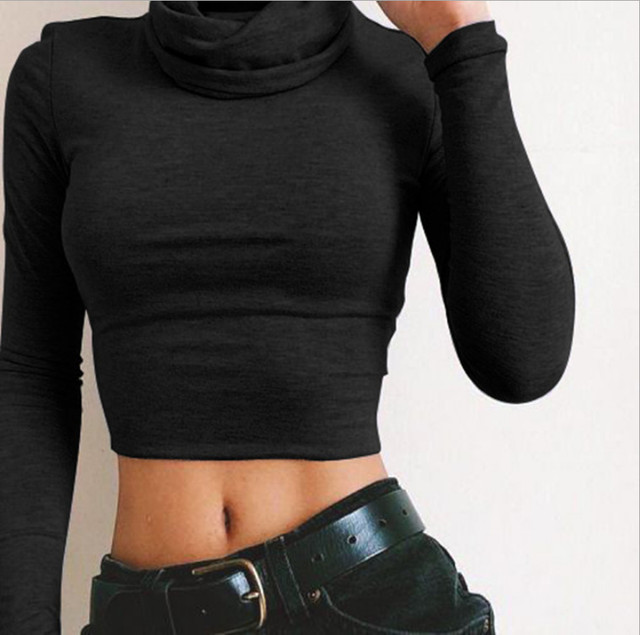 Long Sleeve Womens Hot Womens Turtle Neck Crop Ladies Plain Short Stretch Top | eBay | eBay US