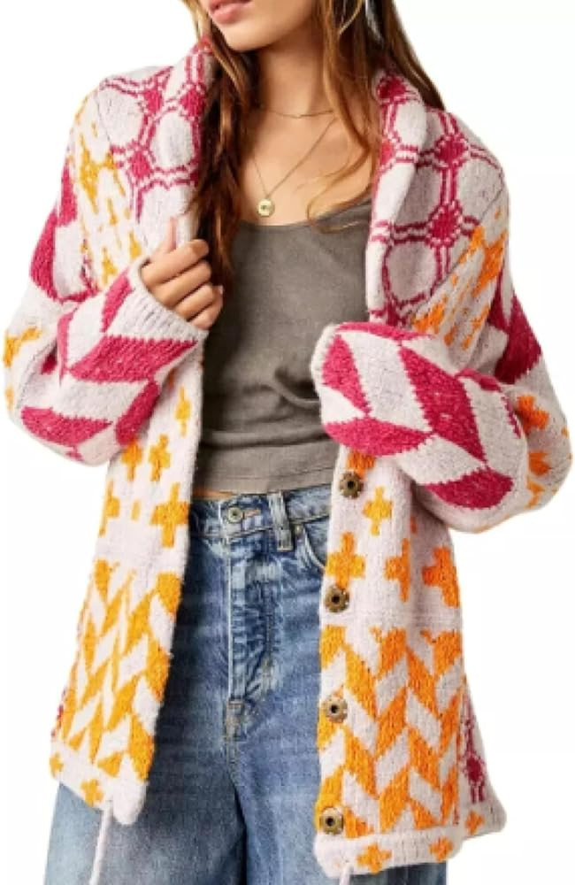 SKIKYAN Women Fall Sweater Cardigans Graphic Button Down Collar Knitwear Long Sleeve Oversized Y2... | Amazon (US)