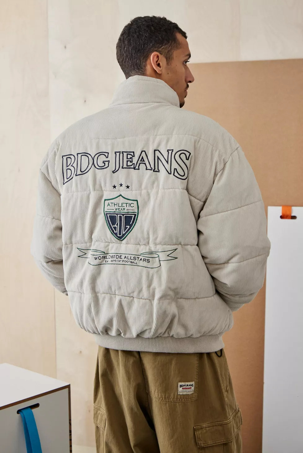 BDG Ecru Embroidered Corduroy Puffer Jacket | Urban Outfitters (US and RoW)