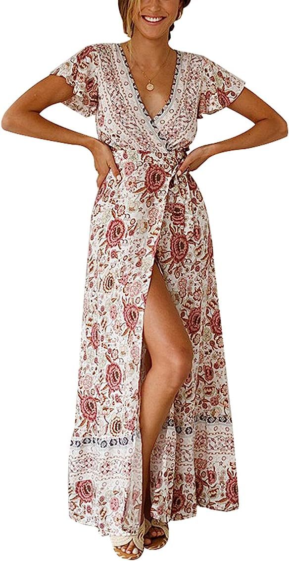 TEMOFON Women's Wrap Dresses Bohemian Floral Printed Summer Casual Short Sleeve V-Neck High Split Ma | Amazon (US)