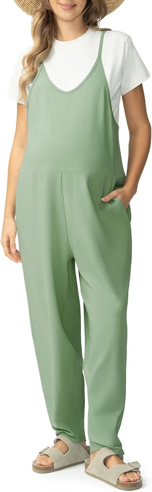 POSHDIVAH Women's Maternity Jumpsuit Pregnancy Casual Romper Spaghetti Strap Tank Top Baggy Pants... | Amazon (US)