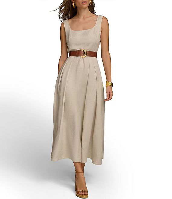Donna Karan Sleeveless Square Neck Belted Midi Linen Blend Sheath Dress | Dillard's | Dillard's