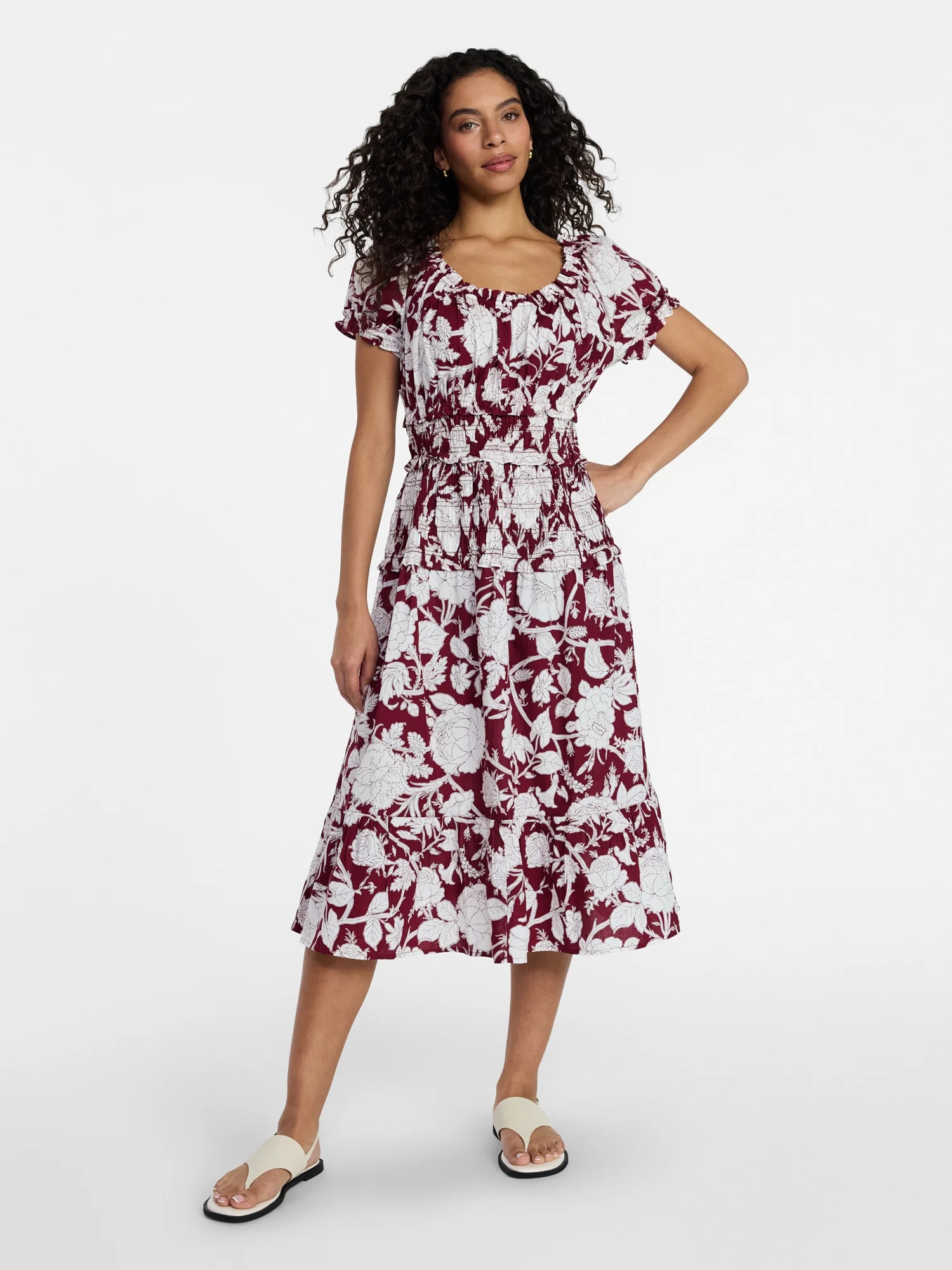 Time and Tru Women's Smocked Cotton Peasant Dress with Short Sleeves, Sizes XS-XXXL | Walmart (US)