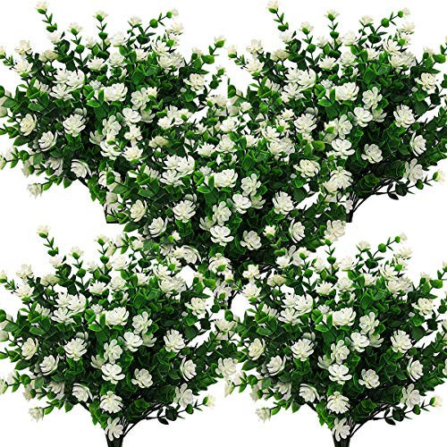 Grunyia 10 Bundles Artificial Fake Flowers, Faux Outdoor Plastic Plants UV Resistant Shrubs Outside Indoor Decorations (White-Eucalyptus) | Amazon (US)