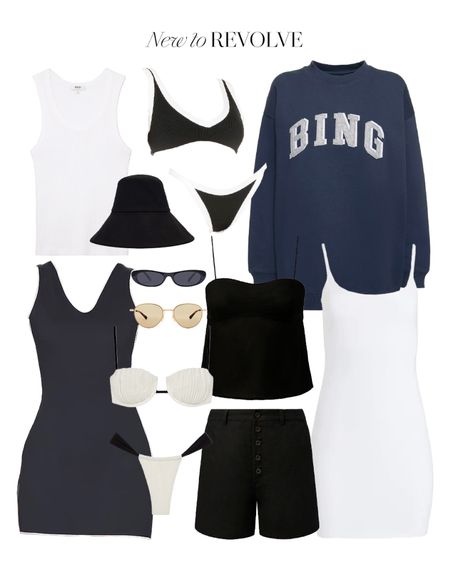 New To Revolve 🖤 black and white bikini, white tennis dress, Anine Bing navy pullover, black sun hat, classic sunnies & more 

#LTKstyletip