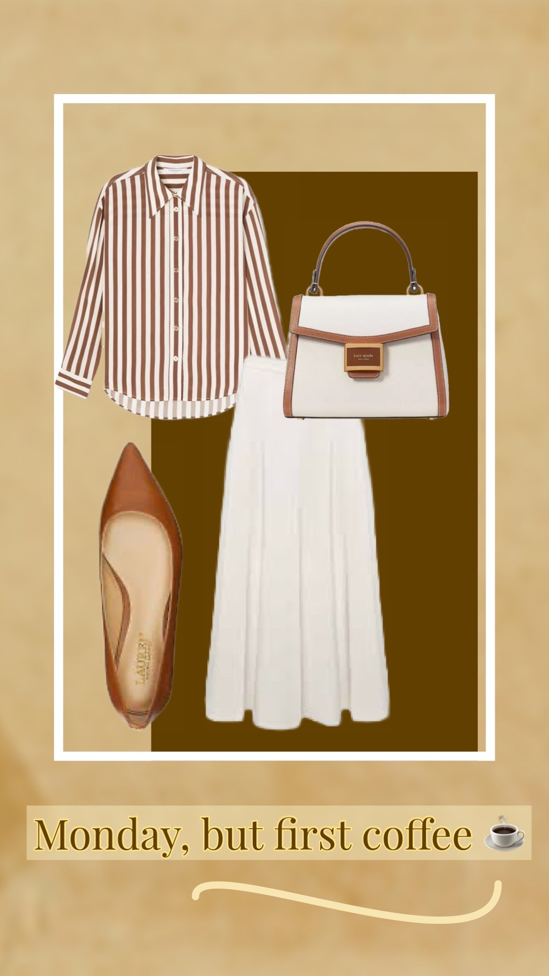 A cappuccino love affair. I love how versatile an ivory skirt is and this Limited Edition ‘Charteris’ midi by Hobbs London is one of the most used pieces of clothing I possess! This week I planned a new outfit by ordering the Ralph Lauren tan leather Londyn pointed flats, the two tone contrast Katy top handle bag by Kate Spade which I found on outlet site Brand Alley, and the glorious Chocolate & Birch stripe shirt from the LK Bennett London mid season sale, because you can’t have a cappuccino without chocolate 🍫 

#LTKspring #LTKuk #LTKsale