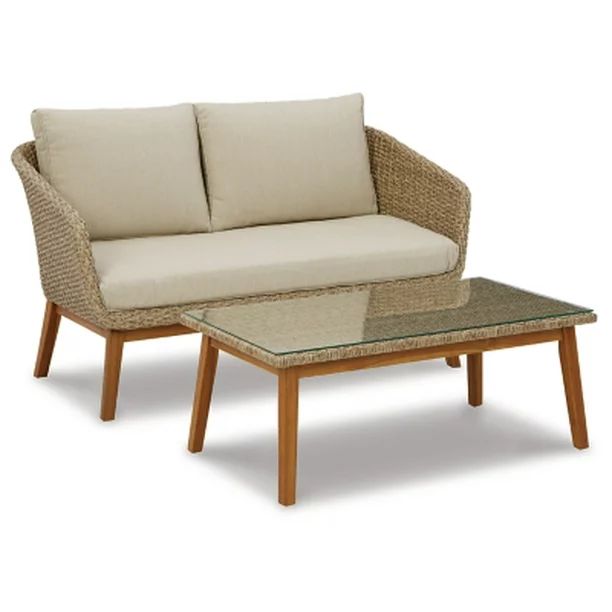 Signature Design by Ashley Outdoor Crystal Cave Modern Patio Wicker Loveseat with Table, Beige | Walmart (US)