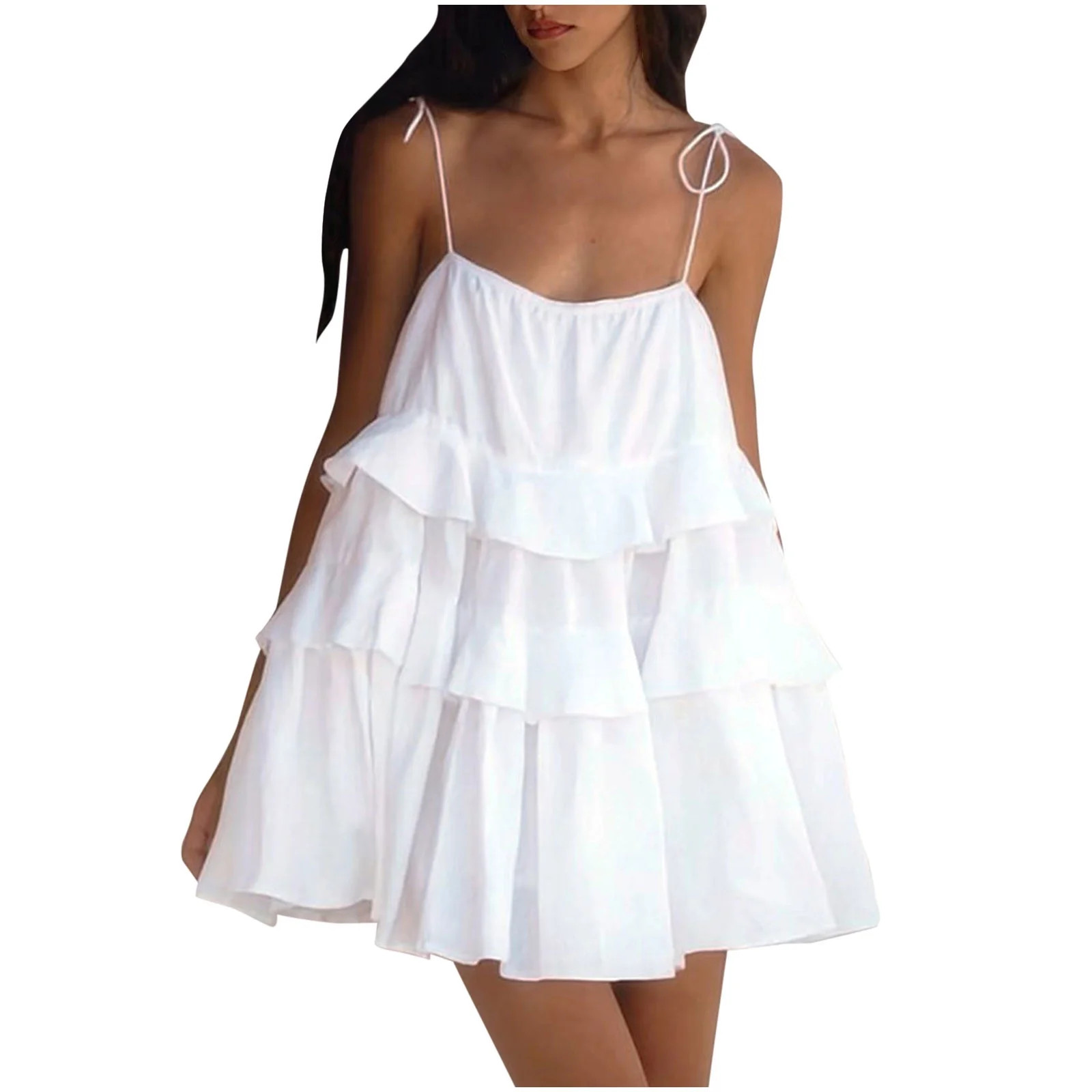 Hxshgdsn Women Summer Beach Dress Sleeveless Adjustable Spaghetti Strap Scoop Neck Ruffle Hem Bac... | Walmart (US)