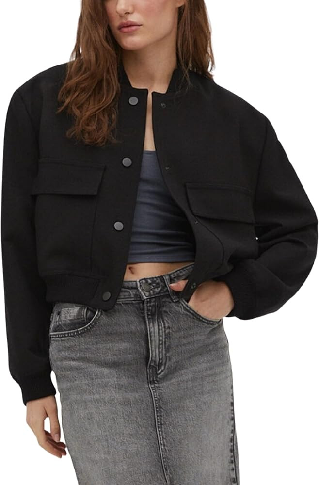 Aedceal Women's Cropped Bomber Jacket Button Down Stand Collar Varsity Coats Outerwears with Pock... | Amazon (US)