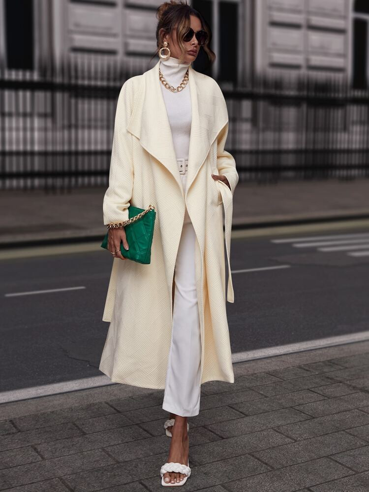 Waterfall Collar Split Hem Belted Coat | SHEIN