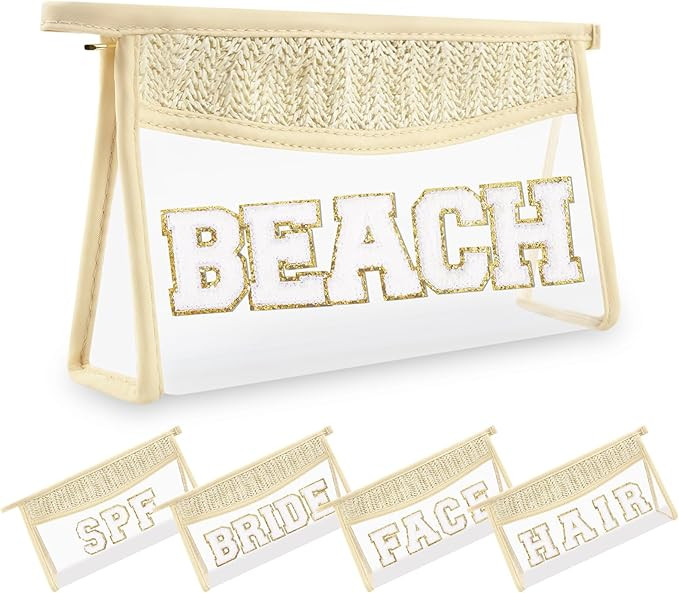 Small Boho Straw Clear Beach Makeup Bags for Women&Girls, Zipper Cosmetic Bag Chenille Varsity Le... | Amazon (US)
