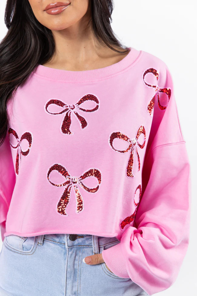 Wrapped Around My Finger Bow Sequin Patch Pink Cropped Sweatshirt | Pink Lily