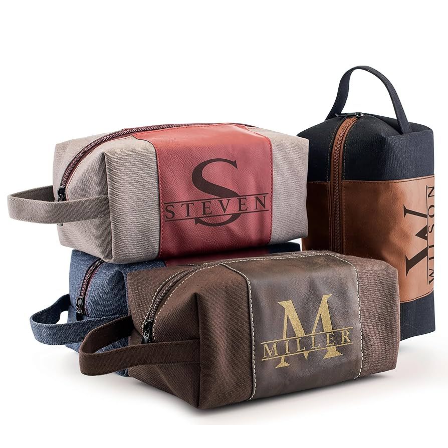Toiletry Bag for Men Personalized, Laser Engraved Initial & Name on Leather, Custom 4 Canvas Colo... | Amazon (US)