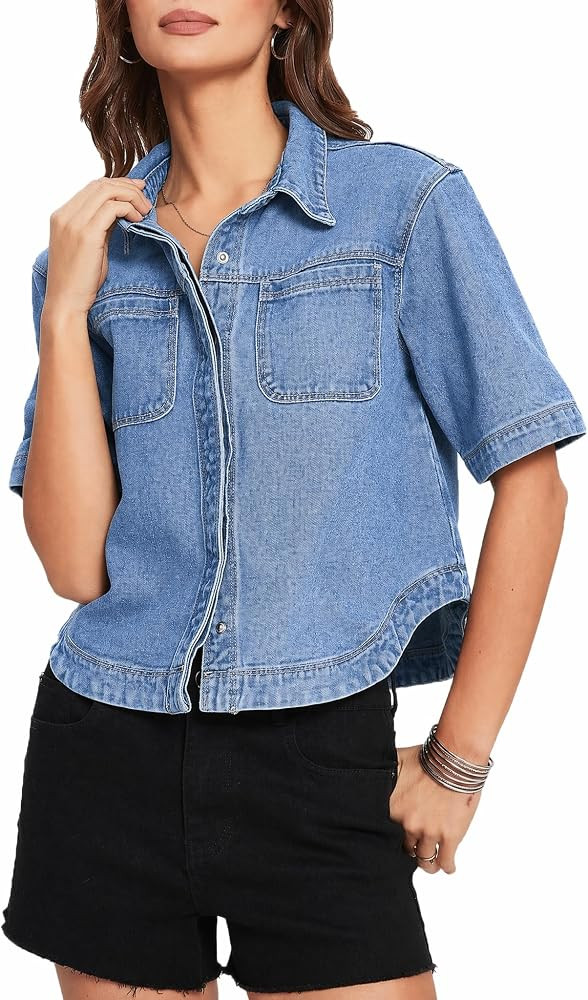 Kedera Women Denim Shirt Tops Short Sleeve Button Down Casual Jean Coat Trendy Jacket Shacket | Amazon (US)