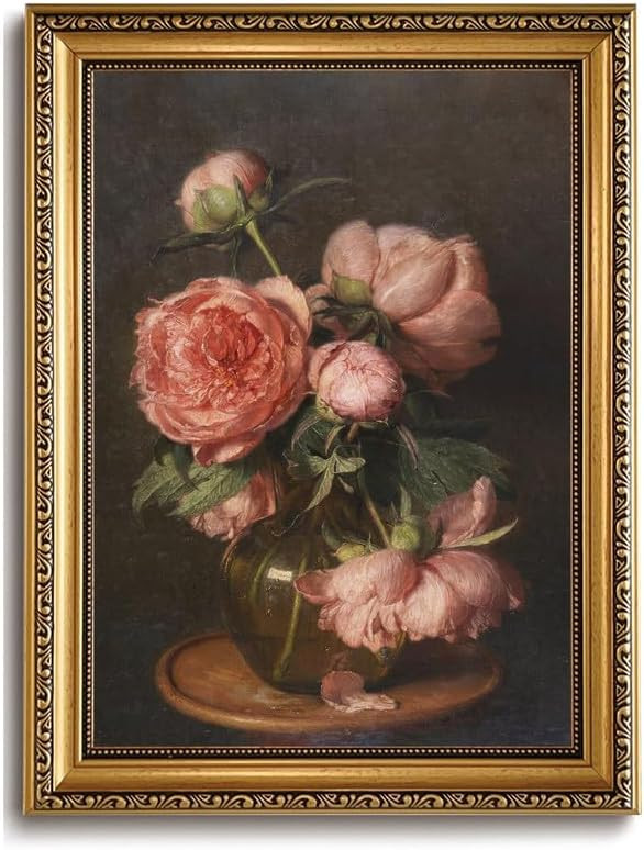 Pink Peony Gold Framed Canvas Wall Art 12x16 inch | Cottagecore Floral Wall Decor, Pink Peony Flo... | Amazon (US)