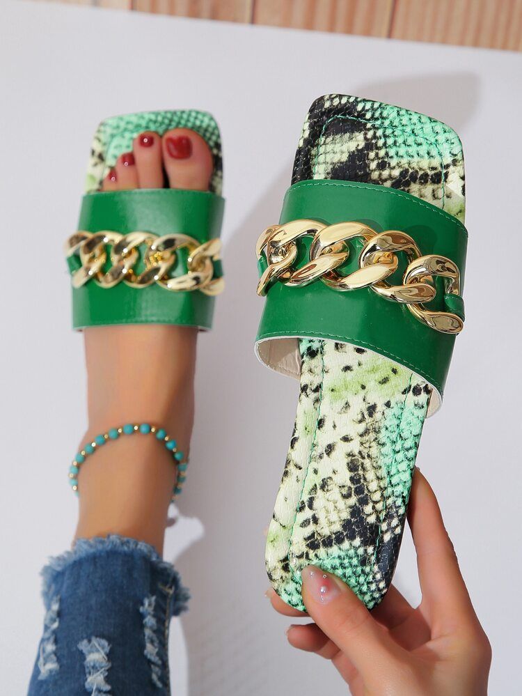Women Snakeskin Embossed Chain Decor Slides, Funky Sandals Green
       
              
         ... | SHEIN