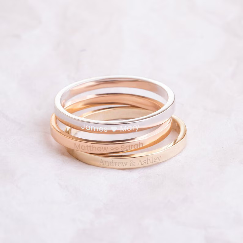 14K 18K Real Gold Custom Delicate Name Ring, Personalized Custom Name Stacking Rings, 2mm Skinny ... | Etsy (US)
