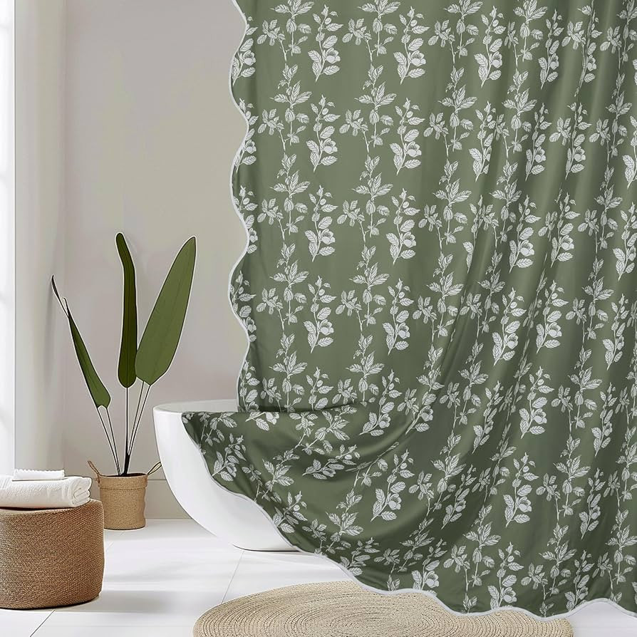 Scalloped Border Green Cute Boho Shower Curtain, 72 x 72 White Floral Leaves Cottagecore Farmhous... | Amazon (US)