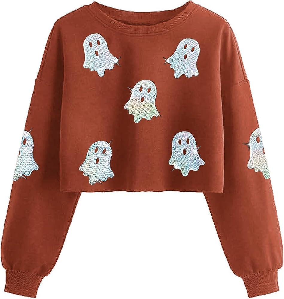 Women Fall Halloween Ghost Crop Sweatshirt Lantern Sleeve Pullover | Amazon (US)