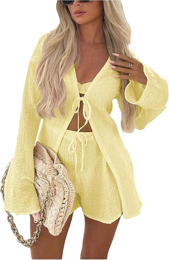 MakeMeChic Women's Y2k Two Piece Sets Bell Sleeve Tie Front Tops and Wide Leg Shorts Set | Amazon (US)