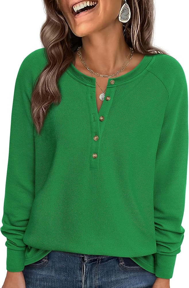 PRETTYGARDEN Women Long Sleeve Waffle Knit Shirts 2026 Fall Casual Button V Neck Loose Henley Top... | Amazon (US)