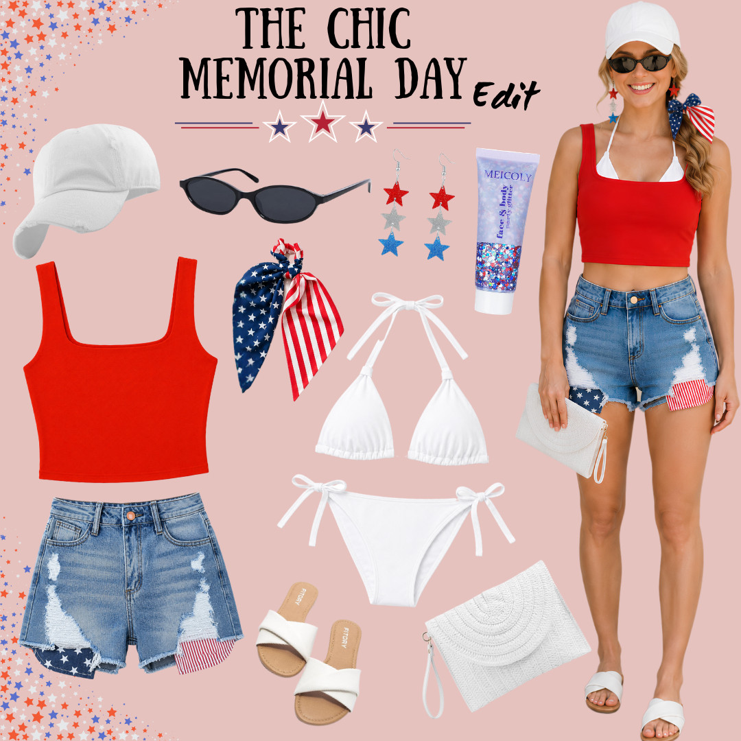 The Chic Memorial Day Edit 🇺🇸

I did the digging so you don’t have to — this red, white & blue edit is full of affordable Amazon finds plus pieces people already love most on my LTK!

I pulled together the kind of summer staples that make holiday dressing easy: a red tank, statement denim shorts, a white bikini, comfy sandals, sunglasses, festive accessories, and a white clutch that keeps the whole look feeling chic.

This is the outfit formula for Memorial Day weekend, Fourth of July, backyard BBQs, pool parties, lake days, beach trips, fireworks, country concerts, and summer plans where you want to look festive but still effortless.

The flag denim shorts are the statement piece, while the red crop tank and white bikini keep it simple, cute, and easy to wear from poolside to party plans.

It’s patriotic without feeling overdone — and every piece can be mixed, matched, and reworn for vacation, beach days, summer weekends, and hot-weather outfits beyond one holiday.

Perfect for Memorial Day outfits, Fourth of July outfits, patriotic summer outfits, affordable Amazon fashion, Amazon summer outfits, red white and blue outfit ideas, BBQ outfits, pool party outfits, lake day looks, beach vacation outfits, denim shorts outfits, red tank outfits, white bikini outfits, summer sandals, and casual summer style.

↓ Everything is linked!

#LTKActive #LTKSaleAlert #LTKTravel