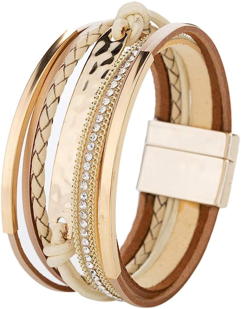 YOOCOOL Multi-Layer Handmade Leather Bracelet Braided Wrap Cuff Bangle with Alloy Magnetic Clasp ... | Amazon (US)