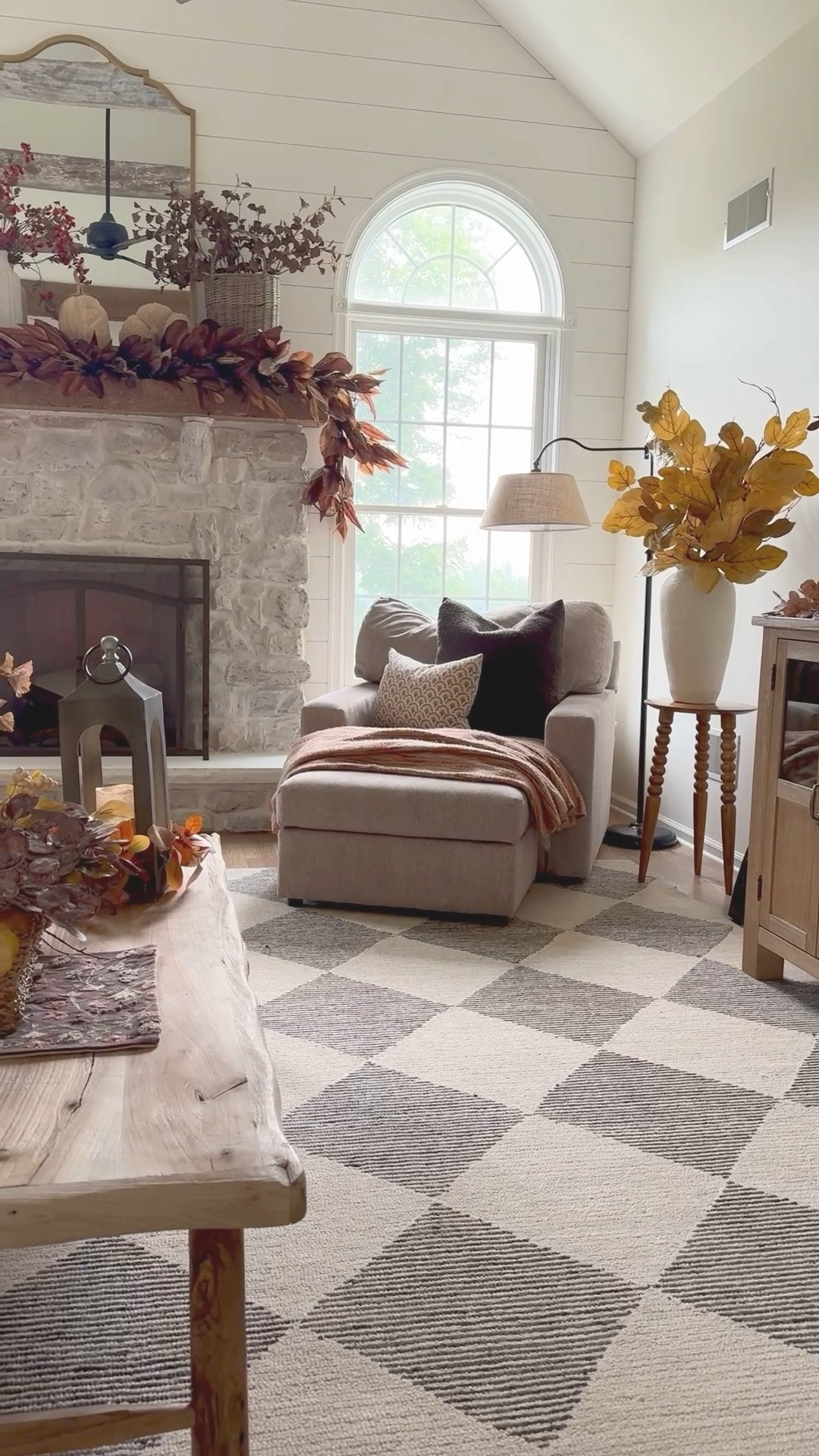 Curved floor lamp with linen shade, solid wood accent table, custom reclaimed wood coffee table, charcoal and beige area rug, fall garland, fall flowers and stems, candle rings, lantern and more!

#LTKHome #LTKSaleAlert #LTKFindsUnder50