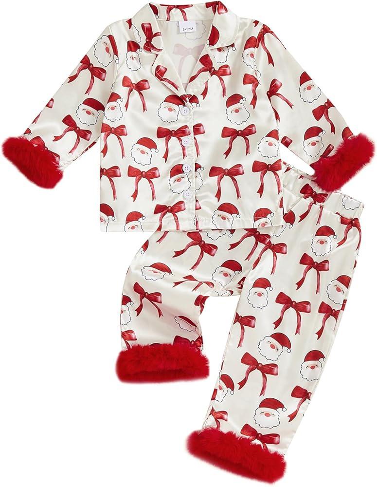 FULA-bao Baby Girls Boys Silk Christmas Pajamas Set Santa Claus Bows Satin Pj Sets Long Sleeve Bu... | Amazon (US)