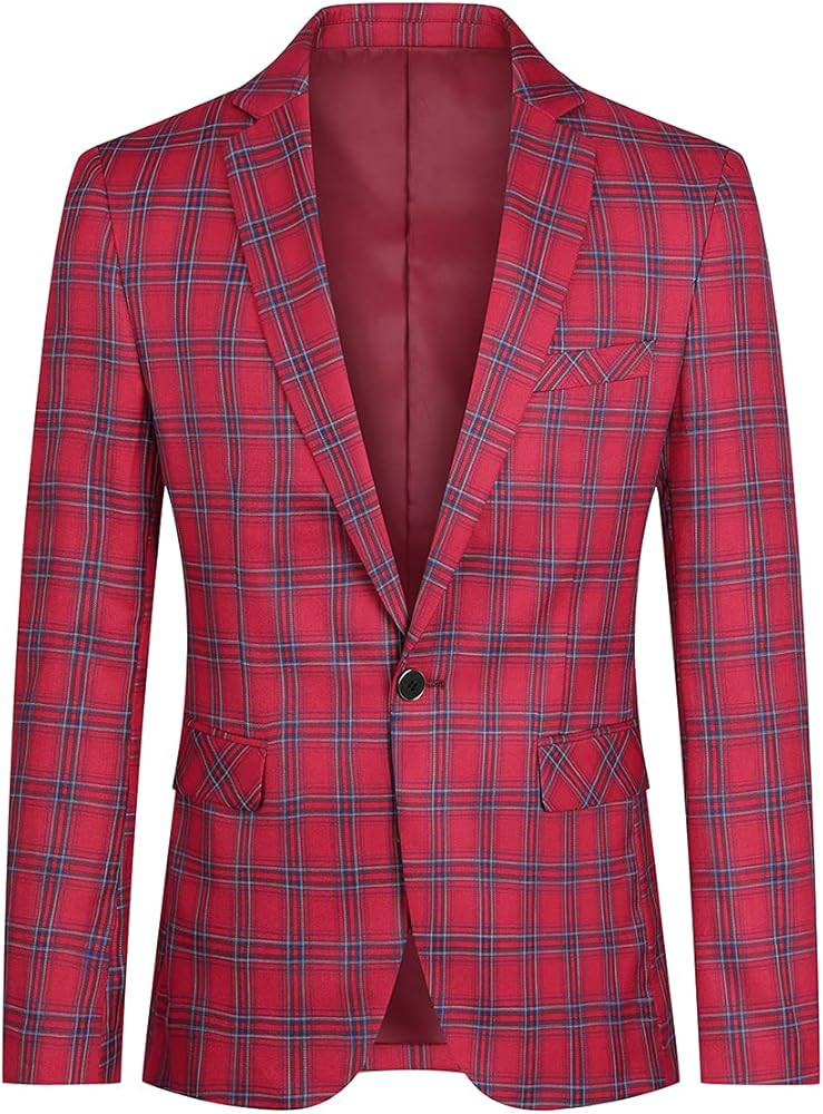 Cloudstyle Mens Formal Suit Jacket Blazer Plaid 2 Button Closure Prom Business Sport Coat | Amazon (US)