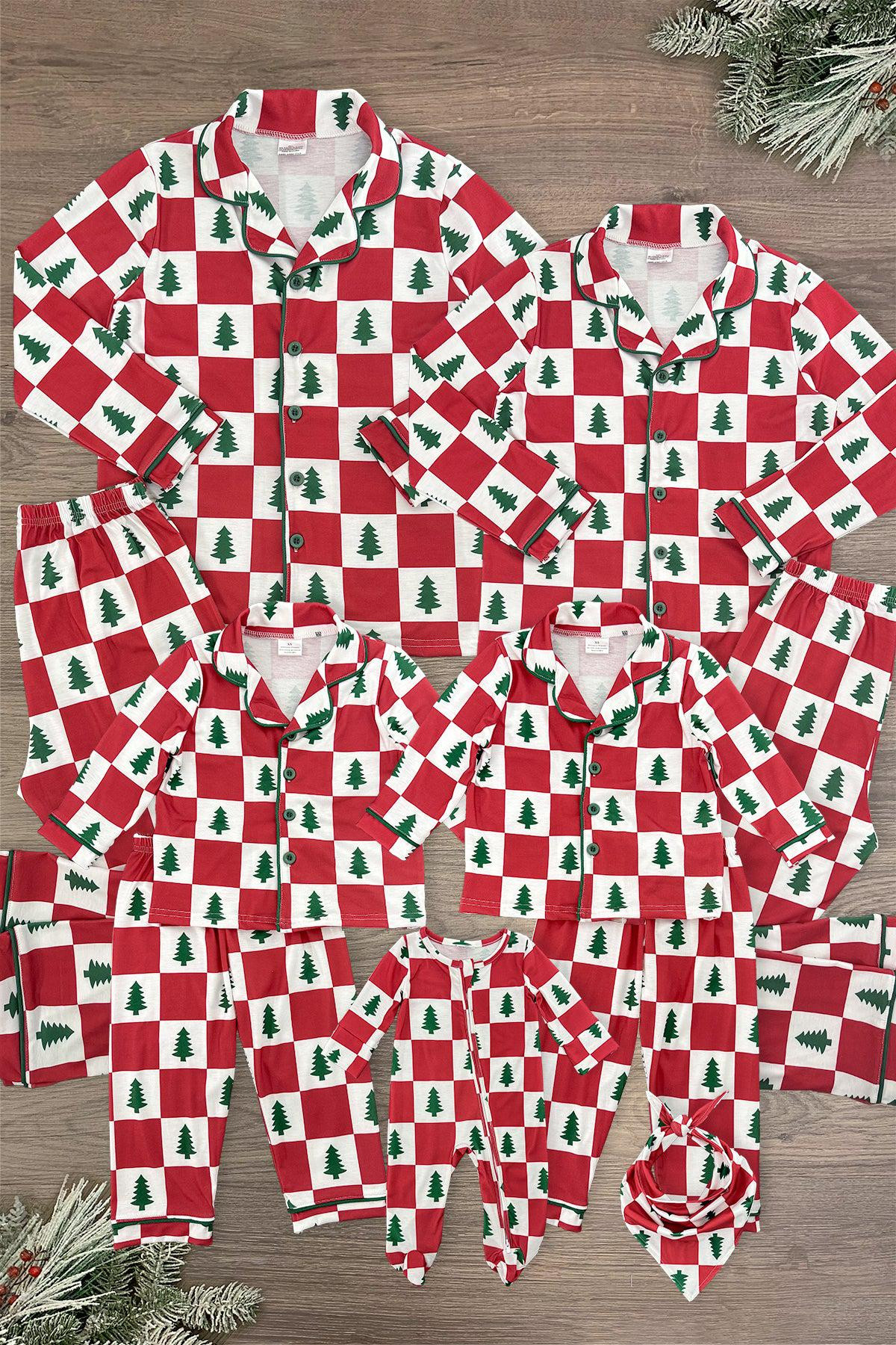 Red & White Checkered Tree Family Pajamas - AND PET BANDANA! | Sparkle In Pink