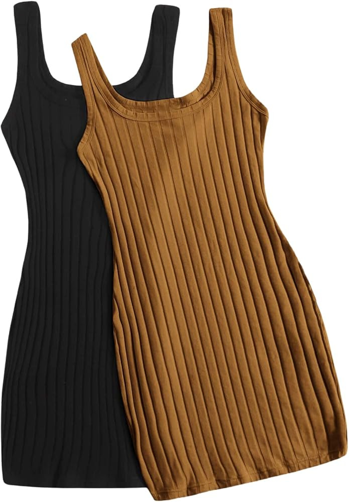 SheIn Women's 2pcs Sleeveless Solid Ribbed Knit Bodycon Pencil Tank Mini Dress | Amazon (US)