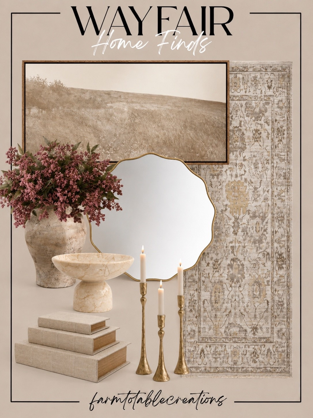 Wayfair Home Finds

A curated mix of warm, timeless pieces that make a home feel collected and beautifully layered. From the vintage-inspired artwork and neutral rug to the scalloped mirror, textured vase, marble bowl and aged brass candleholders, these finds add so much character without overwhelming a space.

Perfect for refreshing an entryway, console, living room or cozy corner.

Follow @farmtotablecreations on Instagram for more home finds and styling inspiration.

#WayfairFinds #WayfairHome #HomeDecor #NeutralHome #VintageInspired #CollectedHome #CozyHome #HomeStyling #InteriorInspiration #HomeFinds

#LTKSeasonal #LTKHome #LTKSaleAlert