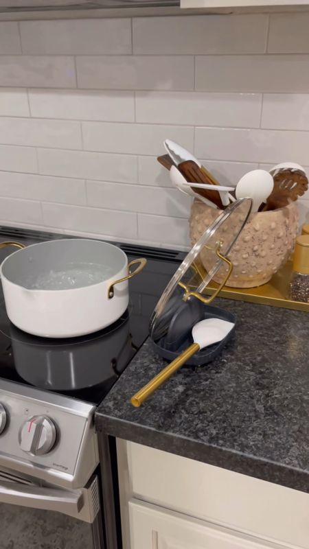 Amazon spoon rest lid holder. Golds and white kitchen. Pots and pans, utensils. 

#LTKFind #LTKhome #LTKsalealert
