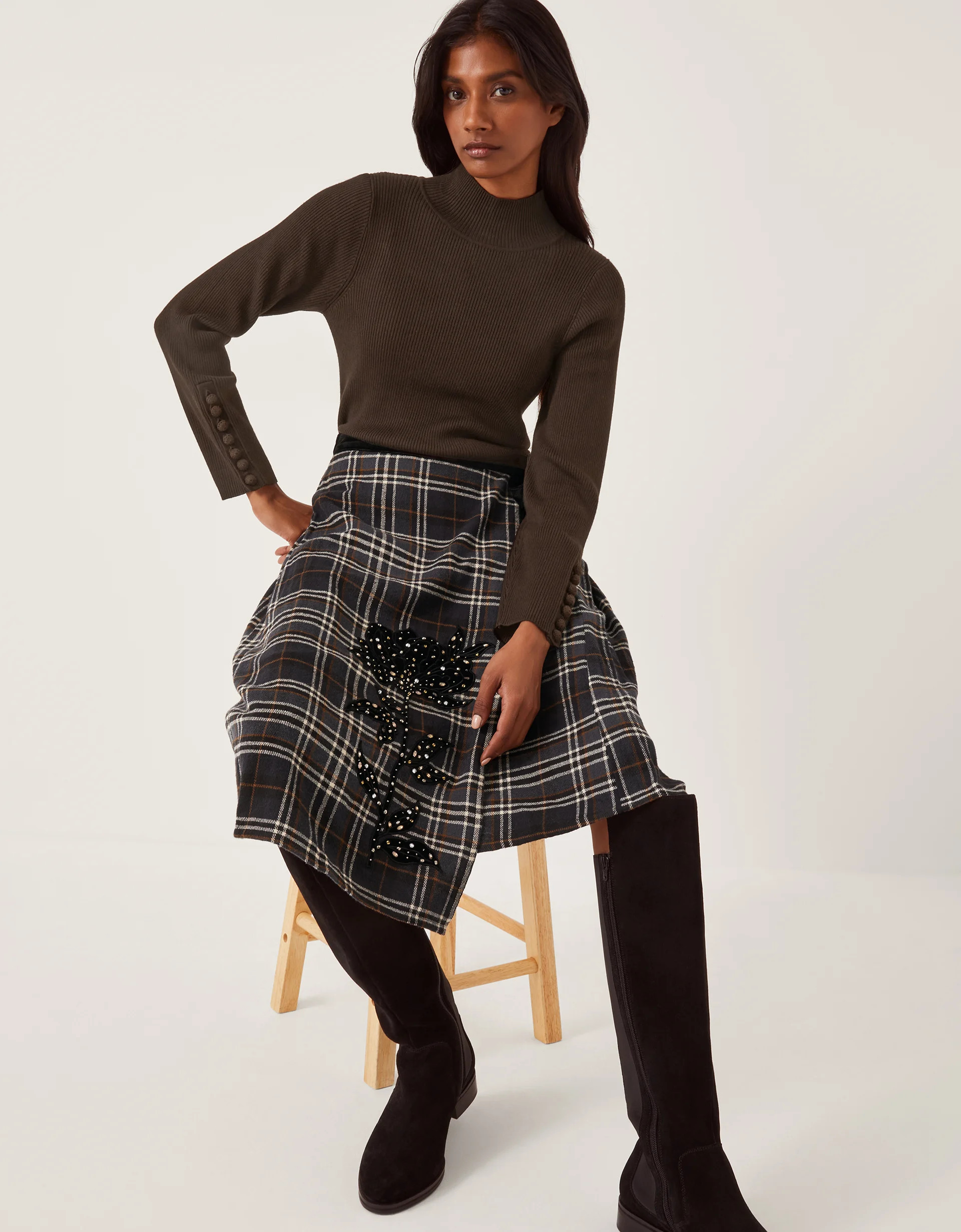 Rue Embellished Tartan Wrap Midi Skirt Black | Monsoon (UK)
