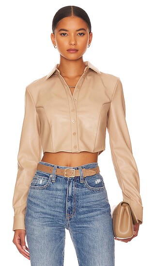 Faux Leather Cropped Button Down in Desert | Revolve Clothing (Global)