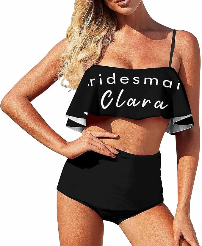 Custom Name Women's Bride Squad Bridesmaids Swimsuit Bride High Waisted Bikini Off Shoulder Ruffl... | Amazon (US)