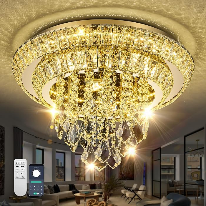 Crystal Chandeliers For Dining Room Smart Gold Flush Ceiling Light Fixture | Amazon (US)