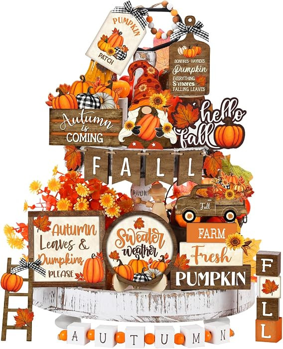 Maitys 21 Pcs Fall Tiered Tray Decor Set Vintage Thanksgiving Hello Fall Wooden Signs Pumpkin Gno... | Amazon (US)
