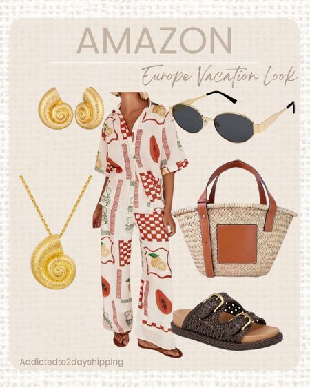 AMAZON- Europe vacation look
I am loving this two piece button down short sleeve and pants fruit print lounge set! It is the perfect casual look. I paired it with some brown braided leather slide on buckle sandals, black and gold oval sunglasses, a straw basket tote bag and a gold shell necklace and gold shell earrings


#LTKFindsUnder100 #LTKStyleTip #LTKSeasonal
