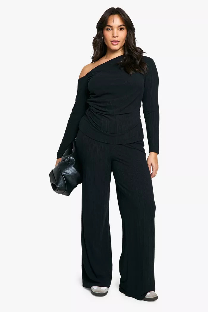Plus Rib Ruched Asymmetric Top & Trouser Co Ord | boohoo (US & Canada)